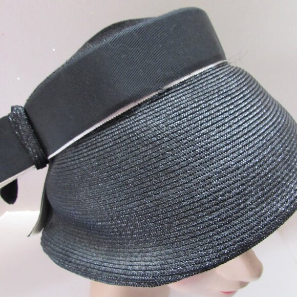Handsome Mid Century Black Hat Bucket Style White Ribbon Accents main image 4